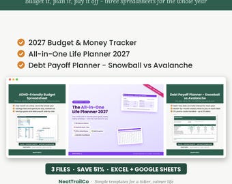 Paquete de presupuesto, planificador de vida y seguimiento de deudas para 2027 (Excel + Google Sheets)