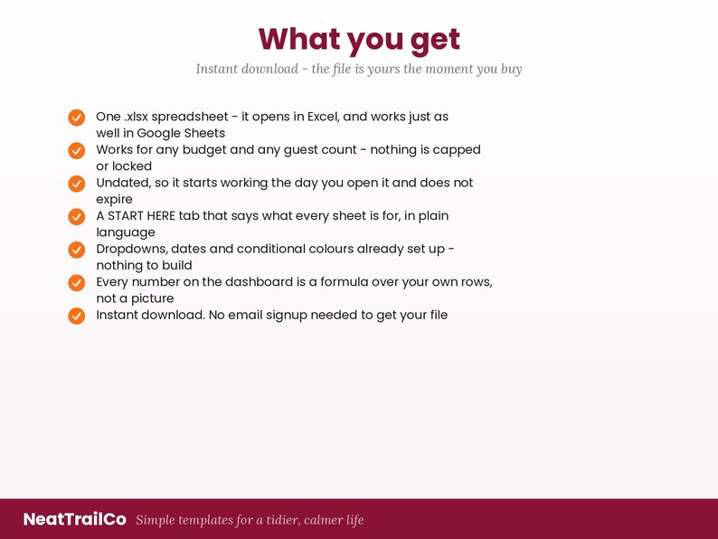 Puede incluir: Una plantilla de hoja de c&aacute;lculo digital titulada What you get, con marcas de verificaci&oacute;n naranjas junto a texto que describe caracter&iacute;sticas como compatibilidad con Excel y Google Sheets, estructura sin fecha, pesta&ntilde;a START HERE, men&uacute;s desplegables, f&oacute;rmulas y descarga instant&aacute;nea.