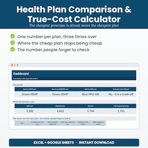 May include: A digital dashboard titled Health Plan Comparison & True-Cost Calculator. It displays tables comparing Green HDHP and Blue PPO 500 plans across light, expected, and bad years, with cost data and a section for Excel and Google Sheets download.