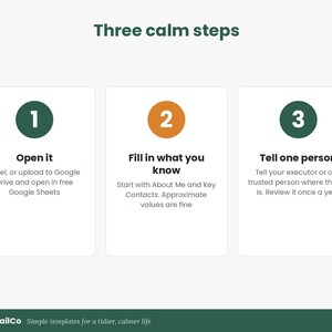 May include: An infographic titled Three calm steps with three white rectangular panels. Step 1: Open it, Excel or Google Sheets. Step 2: Fill in what you know, About Me and Key Contacts. Step 3: Tell one person, executor or trusted person. NeatTrailCo logo at bottom.
