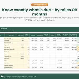 May include: A digital vehicle service schedule spreadsheet template with dark green headers. The text reads: Service Schedule, Know exactly what is due - by miles OR months. It includes columns for vehicle, service item, mileage, and dates.