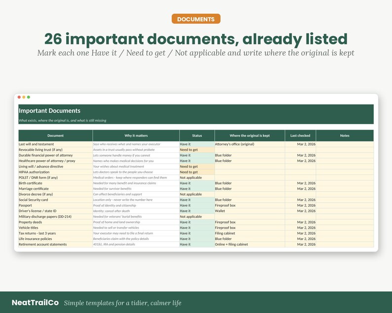 May include: A digital document tracker template titled 26 important documents, already listed. The chart features columns for document names, reasons, status, storage location, dates, and notes, with a dark green header and white text.