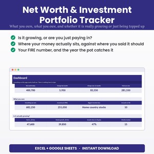 May include: A digital Net Worth & Investment Portfolio Tracker template featuring a dashboard with financial metrics like net worth, invested pot, and market growth. The interface displays data in tables and includes text for Excel and Google Sheets.