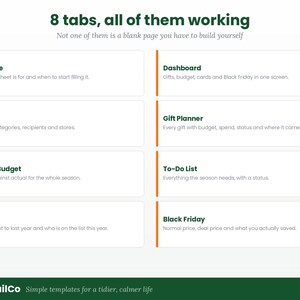 Pode incluir: Uma interface de modelo digital com o texto 8 tabs, all of them working. Lista oito se&ccedil;&otilde;es: Start Here, Dashboard, Settings, Gift Planner, Holiday Budget, To-Do List, Card List e Black Friday, cada uma com suas descri&ccedil;&otilde;es.