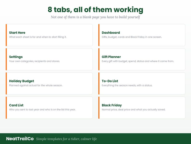 Pode incluir: Uma interface de modelo digital com o texto 8 tabs, all of them working. Lista oito se&ccedil;&otilde;es: Start Here, Dashboard, Settings, Gift Planner, Holiday Budget, To-Do List, Card List e Black Friday, cada uma com suas descri&ccedil;&otilde;es.