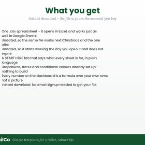 Pode incluir: Um gr&aacute;fico de informa&ccedil;&otilde;es de produto digital com o t&iacute;tulo em verde escuro What you get. Lista recursos com marcas de verifica&ccedil;&atilde;o laranja: uma planilha xlsx, formato sem data, uma guia START HERE, menus suspensos, cores e f&oacute;rmulas.