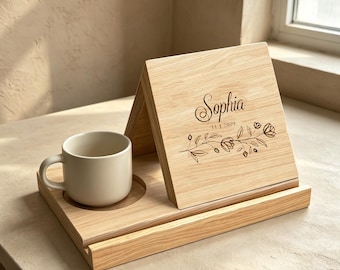 Porte-livres en bois sur mesure, étagère triangulaire artisanale avec porte-gobelet, cadeau de recette personnalisé
