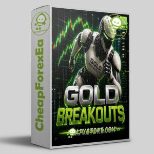 May include: A rectangular software product box featuring a futuristic robot figure in white and black armor. The background displays a green financial stock market chart. The text reads Gold Breakouts and CheapForexEa with a small robot logo.