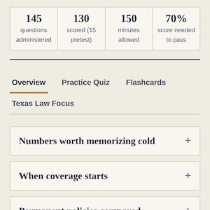 May include: A digital study guide for the Texas Life & Health Insurance Exam, featuring exam details like 145 questions, 150 minutes, and a 70% passing score. The interface includes sections for Overview, Practice Quiz, and Flashcards with topics.