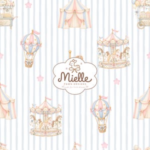 May include: A repeating pattern featuring pastel pink and blue circus tents, carousels, hot air balloons, and popcorn carts on a white background with vertical light blue stripes. A central logo reads Mielle Fawn Designs with a fawn icon.