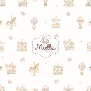 Pastel Carnival Seamless Pattern, Vintage Carousel Theme Park, Nursery Fabric (Digital Download)