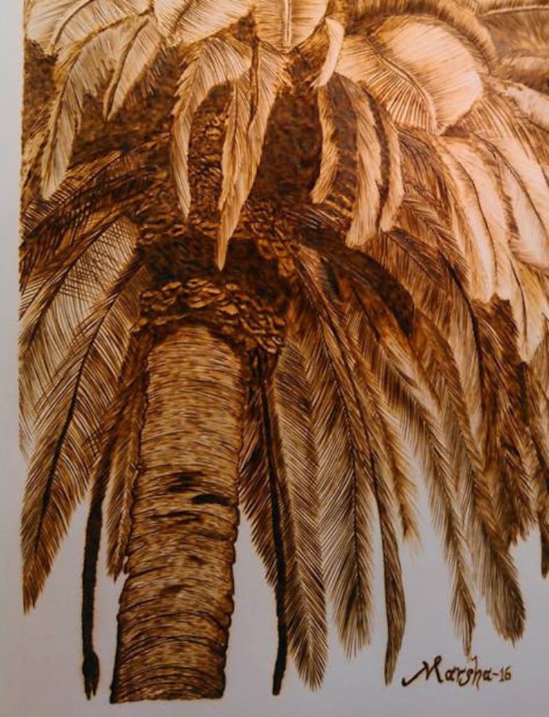 Wood Burn Palm Tree BURNED on Paper Pyrography Wall Art Original Framed