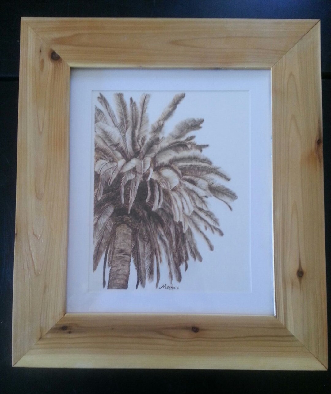Wood Burn Palm Tree BURNED on Paper Pyrography Wall Art Original Framed Fine Art, Wood Burning