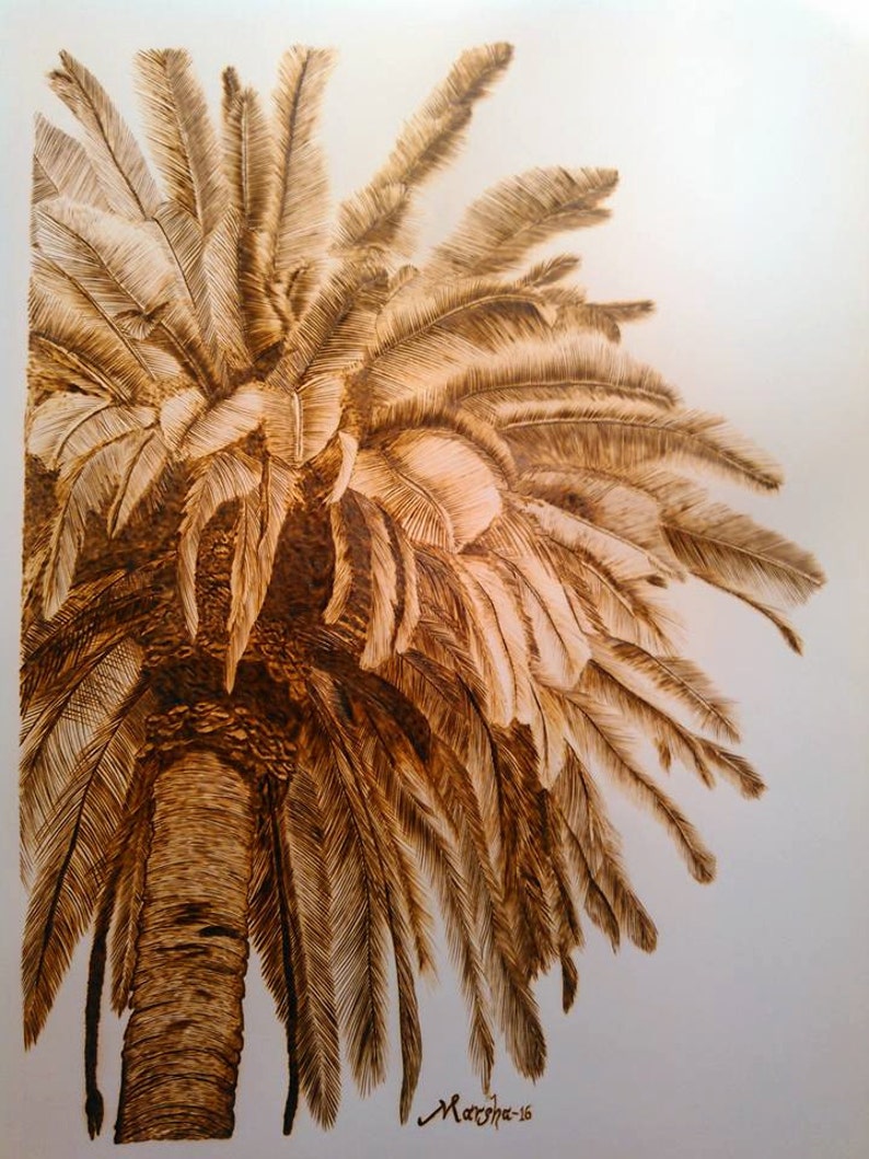 Wood Burn Palm Tree BURNED on Paper Pyrography Wall Art Original Framed