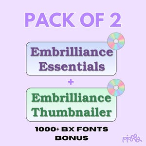 Könnte beinhalten: Ein digitales Softwarepaket mit zwei Discs, beschriftet als Embrilliance Essentials und Embrilliance Thumbnailer, mit dem Text PACK OF 2 und 1000+ BX FONTS BONUS auf hellviolettem Hintergrund, inklusive eines kleinen Logos in der Ecke.