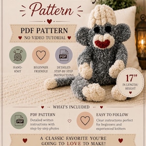 Peut inclure: Un patron PDF numérique pour un singe chaussette tricoté à la main. Le singe est fait de laine duveteuse gris foncé et crème avec des yeux noirs et une bouche rouge. Le texte inclut 'Sock Monkey Pattern', '17" IN LENGTH/HEIGHT' et 'Busy Fingers Creationz'.