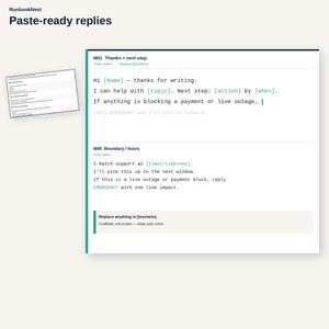 May include: A digital document titled RunbookNest Paste-ready replies featuring two templates labelled M01 Thanks + next step and M05 Boundary / hours. The text includes placeholders in brackets for names, topics, actions, times, and timezones.