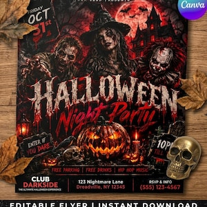 May include: A Halloween party flyer featuring a zombie, a witch, and a clown against a dark, blood-splattered background with a full moon, a haunted house, and a glowing jack-o'-lantern. Text includes "Halloween Night Party," "Enter if you dare," and "Club Darkside."