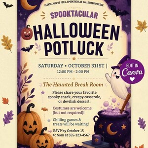May include: A Halloween potluck invitation flyer featuring a purple and cream background with illustrations of two jack-o'-lanterns, a ghost stirring a purple cauldron, bats, and stars. The text reads SPOOKTACULAR HALLOWEEN POTLUCK, SATURDAY OCTOBER 31ST, 12:00 PM - 2:00 PM, The Haunted Break Room, and includes RSVP details.