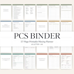 May include: A 57-page printable PCS binder moving planner with US Letter and A4 sizing. The collection features white pages with colored headers, including sections for PCS overview, timelines, checklists, budget planners, and moving expense trackers.