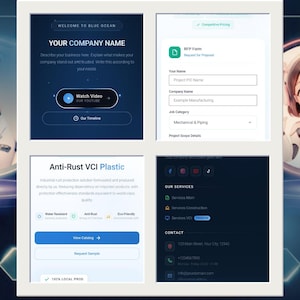 May include: A digital interface layout featuring four distinct sections: a welcome panel with a video link, an RFP form for project details, an Anti-Rust VCI Plastic product information page, and a contact section with service listings and icons.