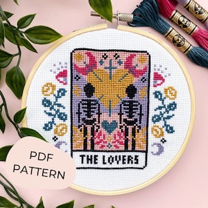 DIGITAAL PATROON The Lovers Tarotkaart moderne kruissteek - maan sterren bloemen hemels gotisch kruissteekpatroon - leer kruissteek