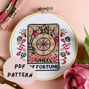 DIGITAAL PATROON 'The Wheel of Fortune' tarotkaart moderne kruissteek - kruissteekpatroon hemelse gotische - leer kruissteek