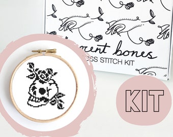 Modern Cross Stitch Kit - Skull & Roses Gothic Tattoo Style Cross Stitch Pattern - Learn To Cross Stitch - Cross Stitch For Beginners