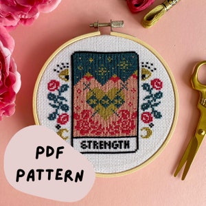 DIGITAL PATTERN Strength Tarot Card Modern Cross Stitch - Moon Stars Floral Celestial Gothic Cross Stitch Pattern - Learn Cross Stitch