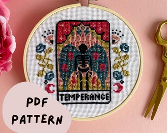 DIGITAL PATTERN Temperance Tarot Card Modern Cross Stitch - Moon Stars Floral Celestial Gothic Cross Stitch Pattern - Learn Cross Stitch