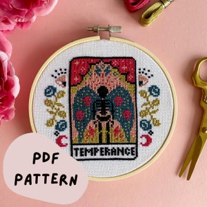 DIGITAL PATTERN Temperance Tarot Card Modern Cross Stitch - Moon Stars Floral Celestial Gothic Cross Stitch Pattern - Learn Cross Stitch