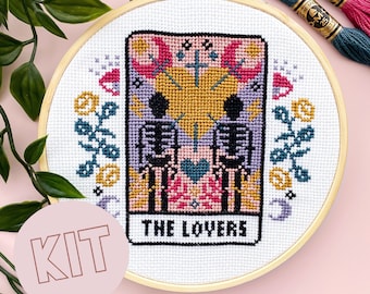 The Lovers Tarot Card Modern Cross Stitch Kit - Moon Stars Floral Celestial Gothic Cross Stitch Pattern - Learn Cross Stitch Embroidery Kit