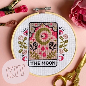 The Moon Tarot Card Modern Cross Stitch Kit - Moon Stars Floral Celestial Gothic Cross Stitch Pattern - Learn Cross Stitch - Embroidery Kit