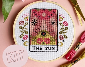 The Sun Tarot Card Modern Cross Stitch Kit - Moon Stars Floral Celestial Gothic Cross Stitch Pattern - Learn Cross Stitch - Embroidery Kit