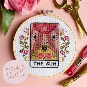 The Sun Tarot Card Modern Cross Stitch Kit - Moon Stars Floral Celestial Gothic Cross Stitch Pattern - Learn Cross Stitch - Embroidery Kit