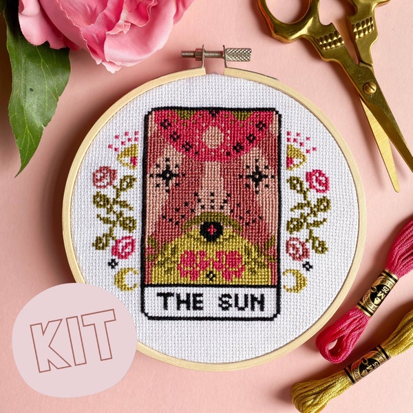 The Sun Tarot Card Modern Cross Stitch Kit - Moon Stars Floral Celestial Gothic Cross Stitch Pattern - Learn Cross Stitch - Embroidery Kit