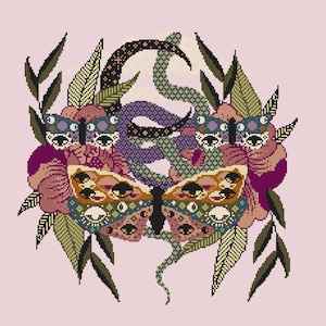 DIGITAL PATTERN Floral Snake & Moth Cross Stitch Design - Floral Celestial Gothic Snake Moth Cross Stitch Pattern - PDF