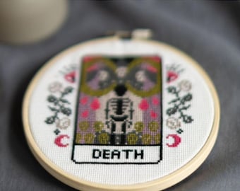 DIGITAL PATTERN Death Tarot Card Modern Cross Stitch - Moon Stars Floral Celestial Gothic Cross Stitch Pattern - Learn Cross Stitch