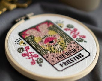 DIGITAL PATTERN The High Priestess Tarot Card Modern Cross Stitch - Moon Floral Celestial Gothic Cross Stitch Pattern - Learn Cross Stitch