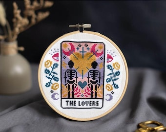 DIGITAL PATTERN The Lovers Tarot Card Modern Cross Stitch - Moon Stars Floral Celestial Gothic Cross Stitch Pattern - Learn Cross Stitch