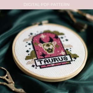 TAURUS PDF PATTERN Leo Zodiac Sign Modern Cross Stitch Horoscope Stars Floral Celestial Gothic Pdf Digital Pattern Beginner Friendly