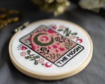DIGITAL PATTERN The Moon Tarot Card Modern Cross Stitch - Moon Stars Floral Celestial Gothic Cross Stitch Pattern - Learn Cross Stitch