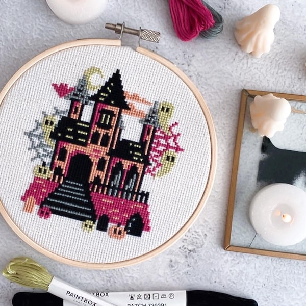 DIGITAL PATTERN Haunted Mansion Halloween Design - Spooky Gothic Cross Stitch Pattern - Ghosts, Bats, Pumpkins, Cobwebs