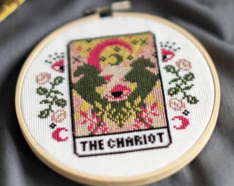 DIGITAL PATTERN The Chariot Tarot Card Modern Cross Stitch - Moon Stars Floral Celestial Gothic Cross Stitch Pattern - Learn Cross Stitch