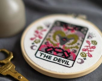DIGITAL PATTERN The Devil Tarot Card Modern Cross Stitch - Moon Stars Floral Celestial Gothic Cross Stitch Pattern - Learn Cross Stitch