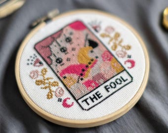 DIGITAL PATTERN The Fool Tarot Card Modern Cross Stitch - Moon Stars Floral Celestial Gothic Cross Stitch Pattern - Learn Cross Stitch