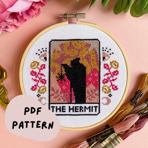 DIGITAL PATTERN The Hermit Tarot Card Modern Cross Stitch - Moon Stars Floral Celestial Gothic Cross Stitch Pattern - Learn Cross Stitch