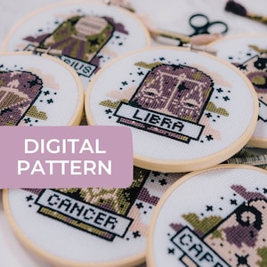 ZODIAC PDF x 12 - Digital Modern Cross Stitch PDF Pattern- Moon Stars Floral Celestial Gothic Horoscope - Beginner Friendly Cross Stitch