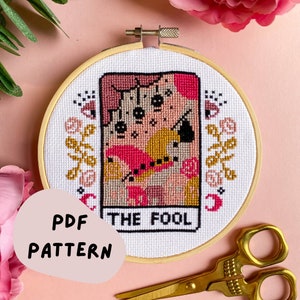 DIGITAAL PATROON The Fool tarotkaart moderne kruissteek - maan sterren bloemen hemels gotisch kruissteekpatroon - leer kruissteek