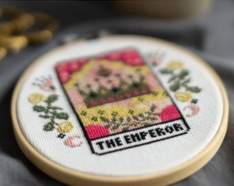 DIGITAL PATTERN The Emperor Tarot Card Modern Cross Stitch - Moon Stars Floral Celestial Gothic Cross Stitch Pattern - Learn Cross Stitch